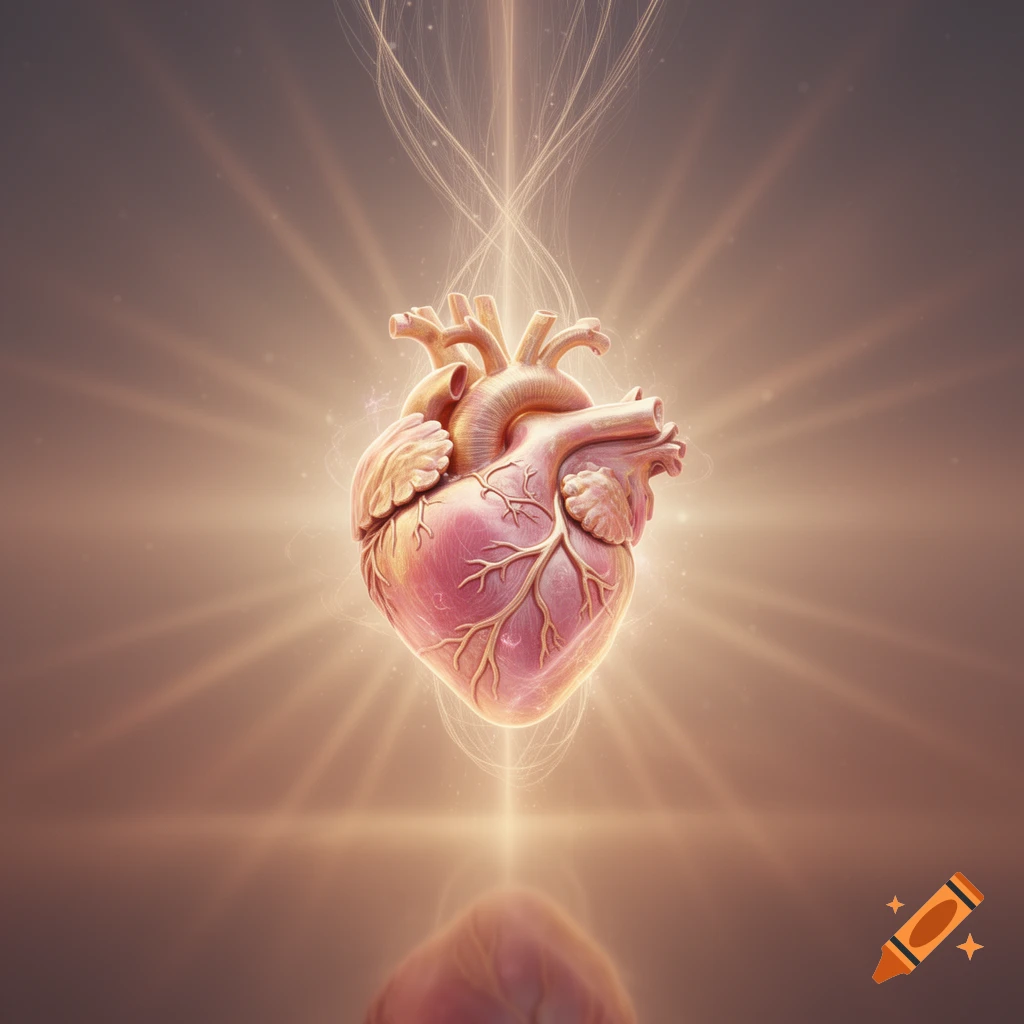 A glowing pink and golden stylized human heart floats, emanating light and energy strands upwards, with a subtle reflection below.
