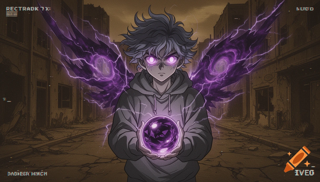Anime boy with glowing purple eyes and energy wings holds a glowing orb on a ruined street, with VHS static effects.