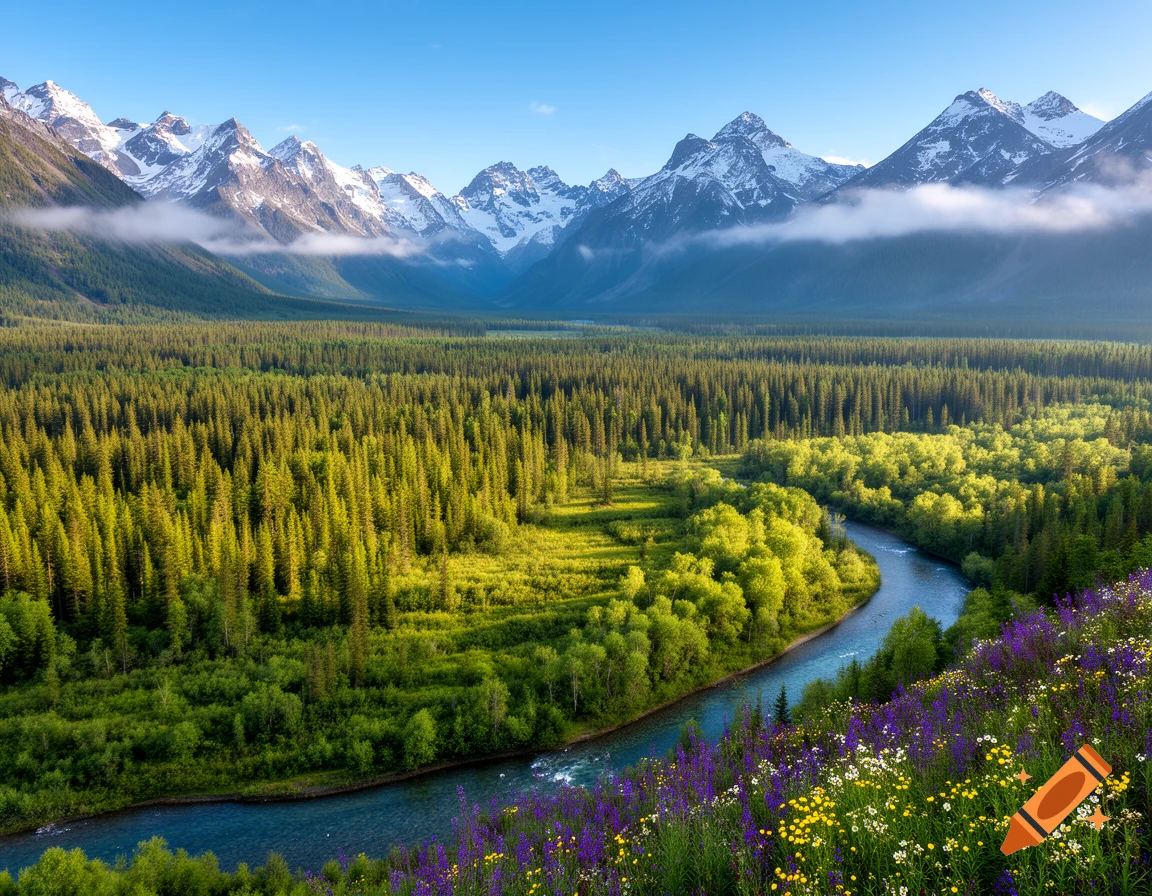Photorealistic landscape with a winding river, lush forests, wildflowers, and snow-capped mountains under a blue sky.
