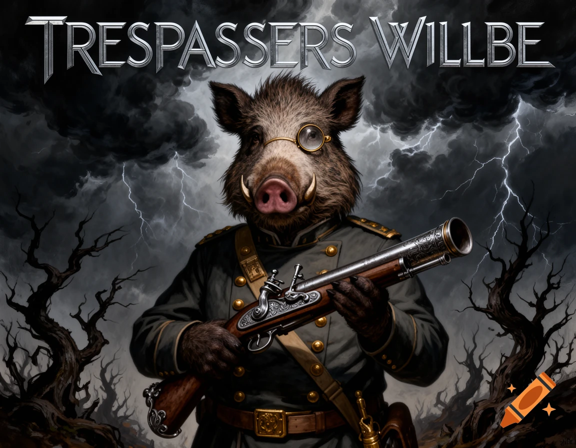 A humanoid boar in a military uniform and monocle holds a blunderbuss, standing under a stormy, lightning-filled sky with dead trees. Text "TRESPASSERS WILLBE" is at the top.