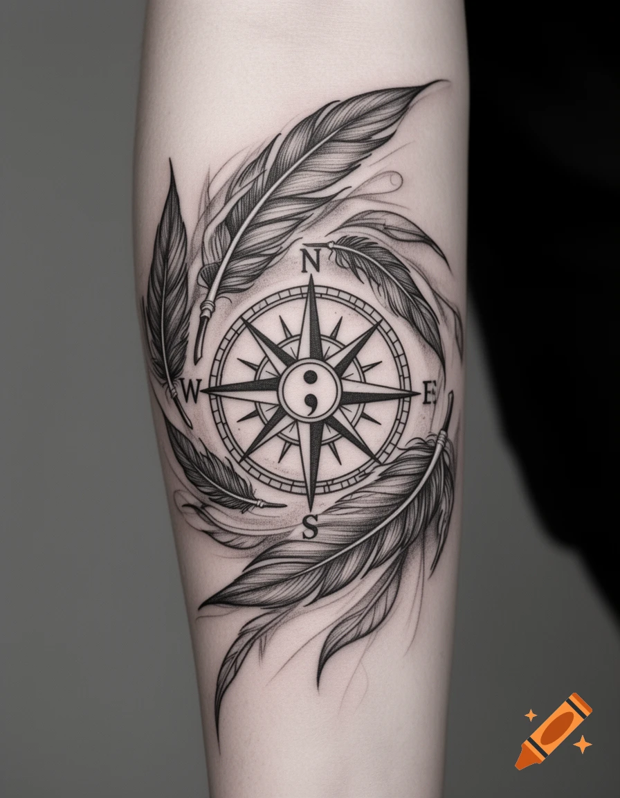 Black and white tattoo on a forearm featuring a detailed compass rose with N, E, S, W, a semicolon in the center, and encircled by ornate feathers.