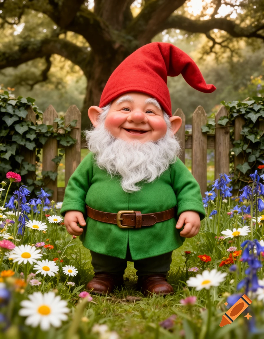 A cheerful garden gnome with a red hat and white beard stands among colorful wildflowers, smiling broadly.