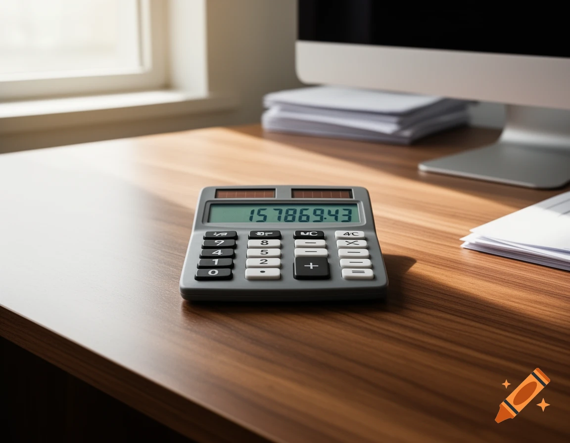 A grey desktop calculator displaying numbers sits on a wooden desk with a window and computer monitor in the background.