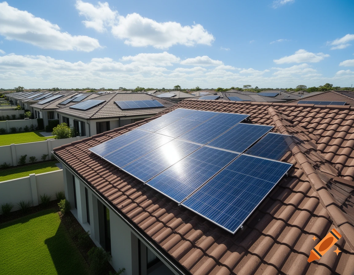 Blue solar panels installed on red tiled roofs of modern houses in a sunny suburban neighborhood under a blue sky.