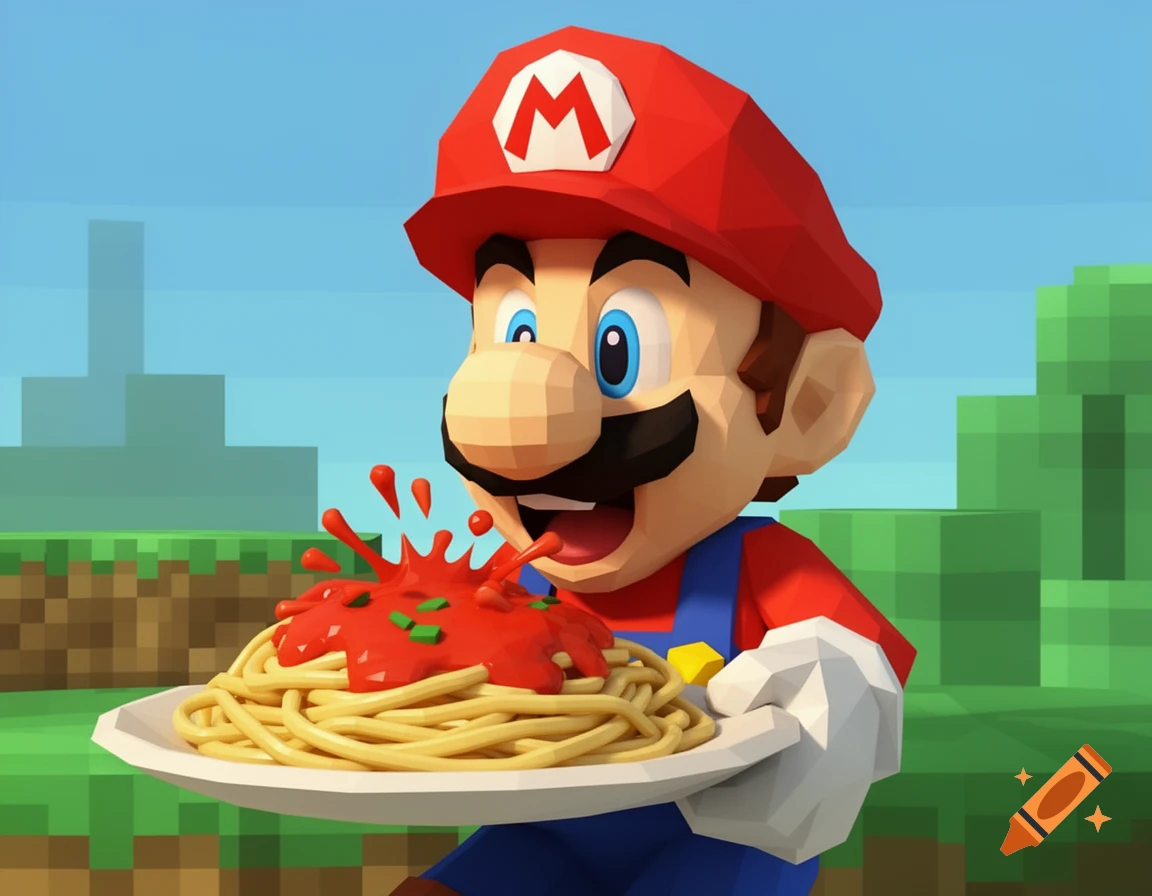 Low-poly Mario, in his red cap and blue overalls, happily holds and eats a plate of spaghetti with red sauce, against a blocky, pixelated landscape.