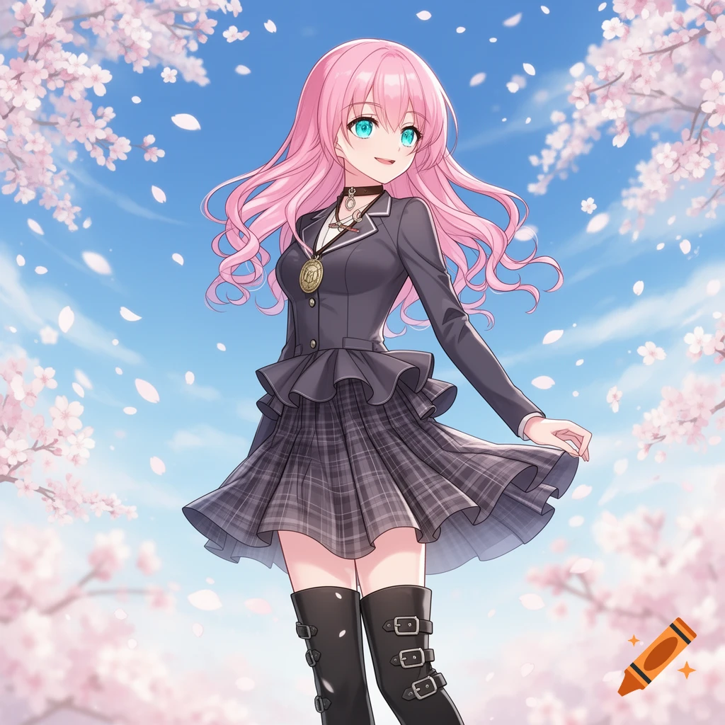 An anime girl with long pink hair and blue eyes smiles under falling cherry blossoms against a blue sky.