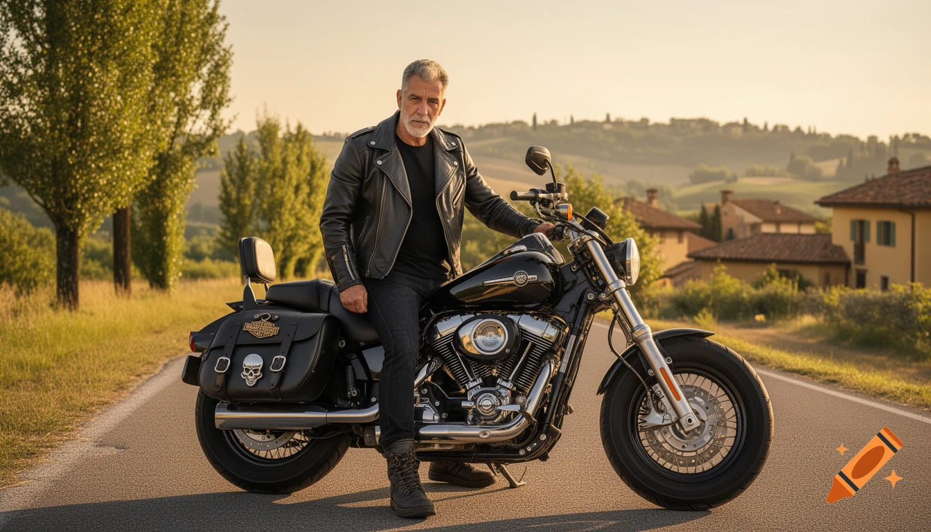 A rugged man in a black leather jacket sits confidently on a black Harley Davidson motorcycle on an Italian countryside road.