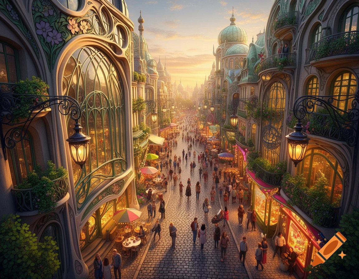 A bustling fantasy city street at sunset, lined with intricate Art ...