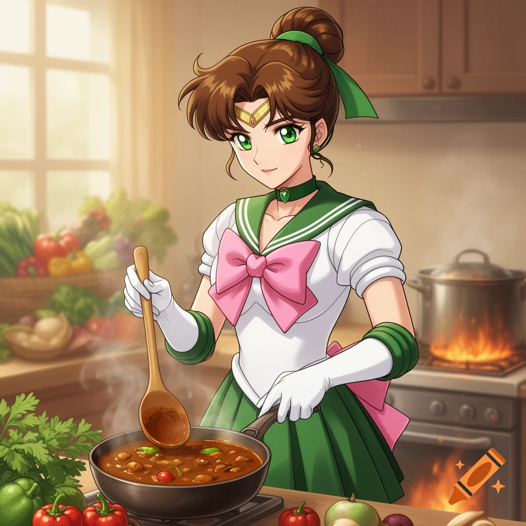 An anime illustration of Sailor Jupiter in a kitchen, stirring a pot of curry on the stove.