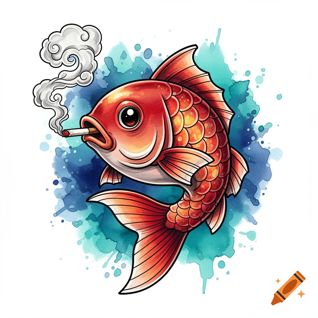 Cartoon red and orange fish smoking a cigarette with blue and teal watercolor background in a tattoo art style.