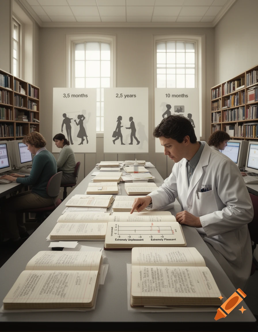 A photorealistic image of researchers in a library-like lab, a man in a lab coat points to data in an open notebook, with others working on computers nearby.