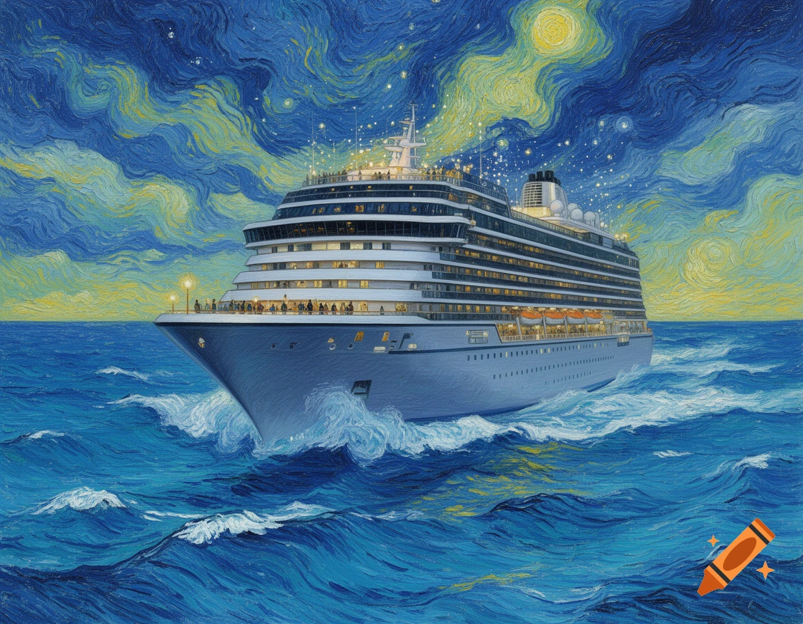 A modern cruise ship navigates a choppy blue sea under a swirling, star-filled, Van Gogh-style sky with a bright moon.