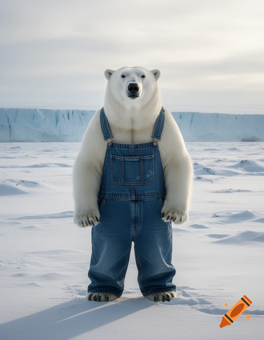 A photorealistic polar bear stands upright in a snowy arctic landscape, wearing blue denim overalls.
