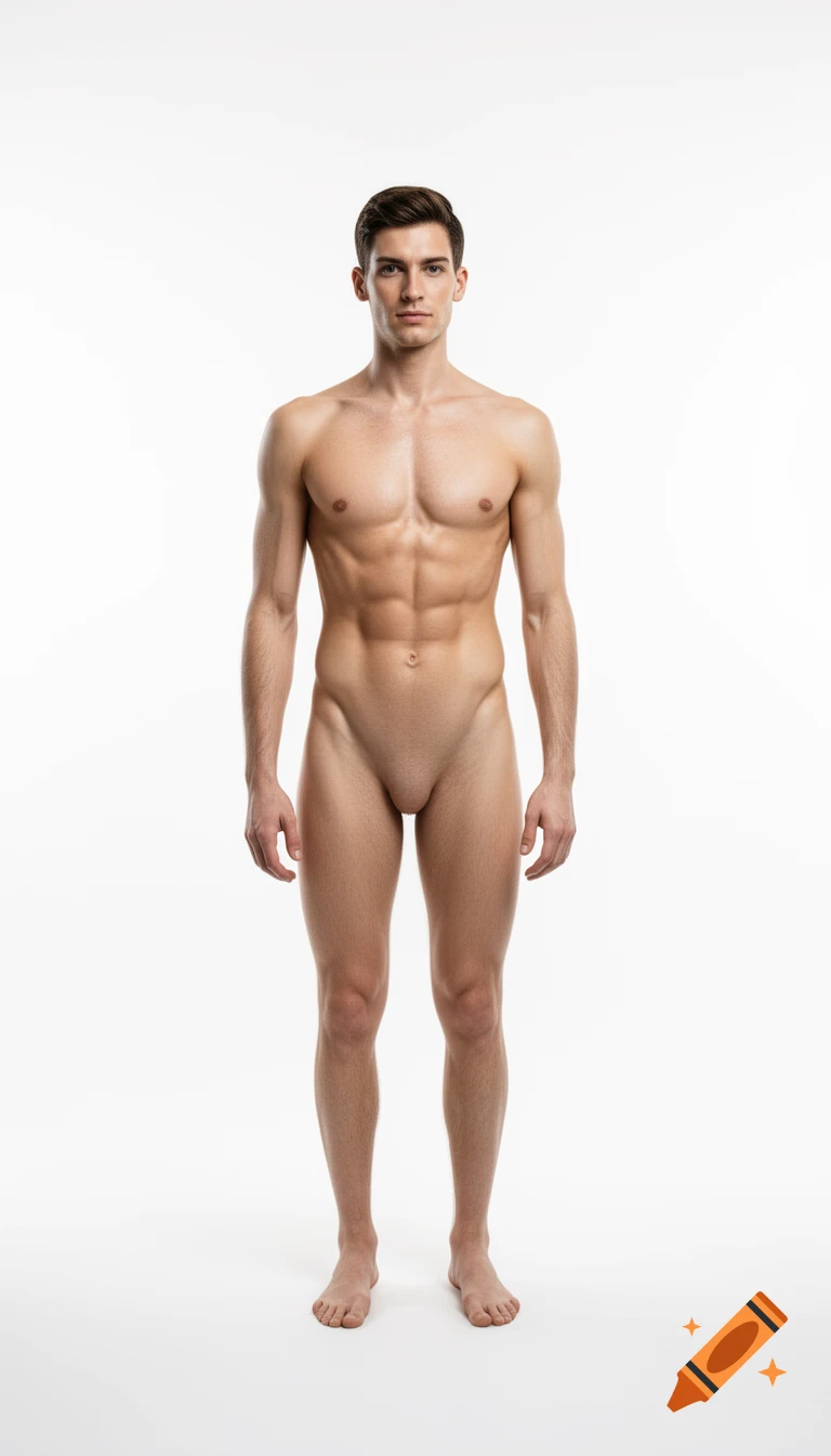 Photorealistic full-body shot of a young, fit male standing bare on a pure white background.