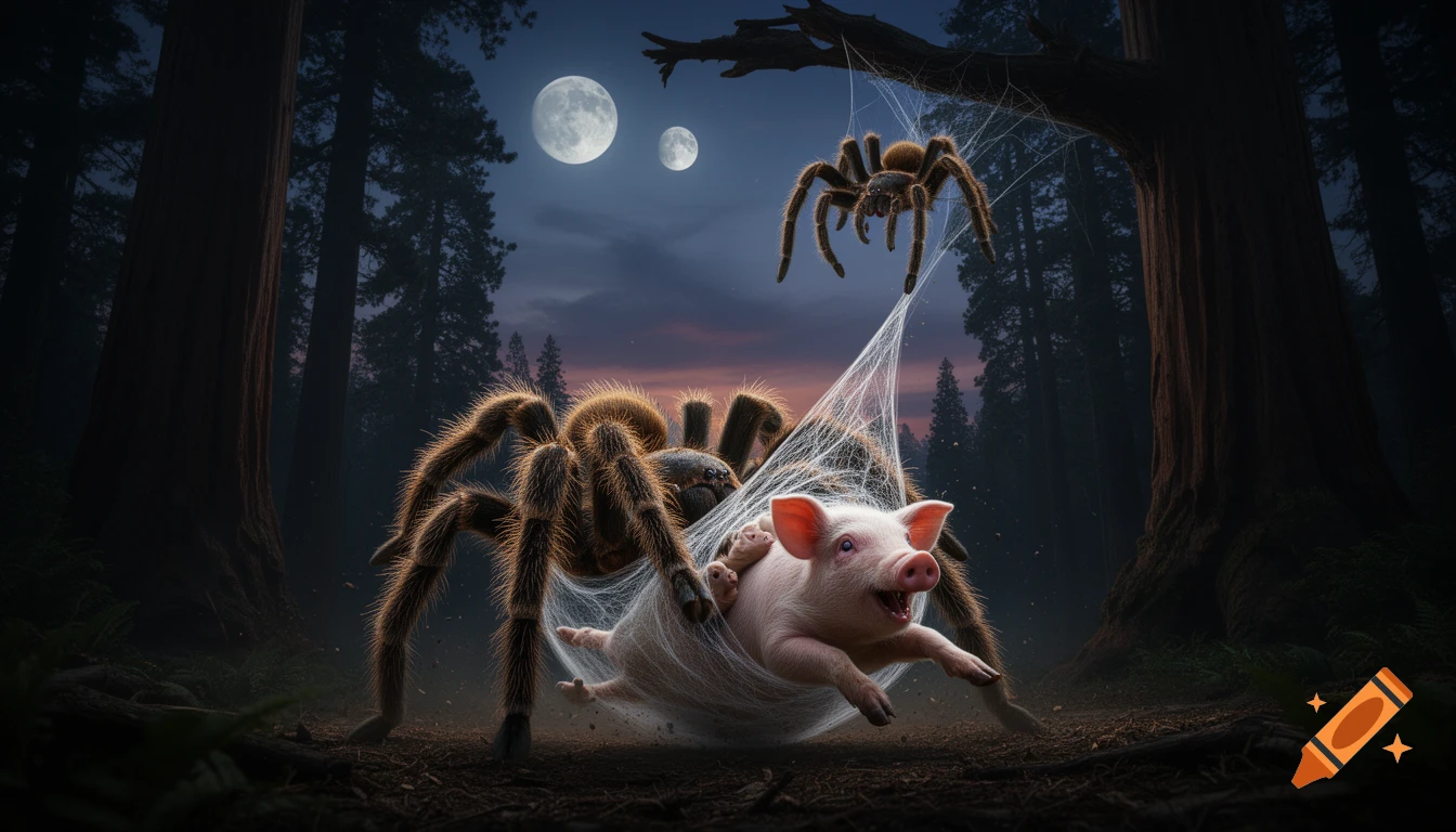 A large, hairy tarantula wraps a struggling pig in white silk in a dark, moonlit forest, while another tarantula descends.