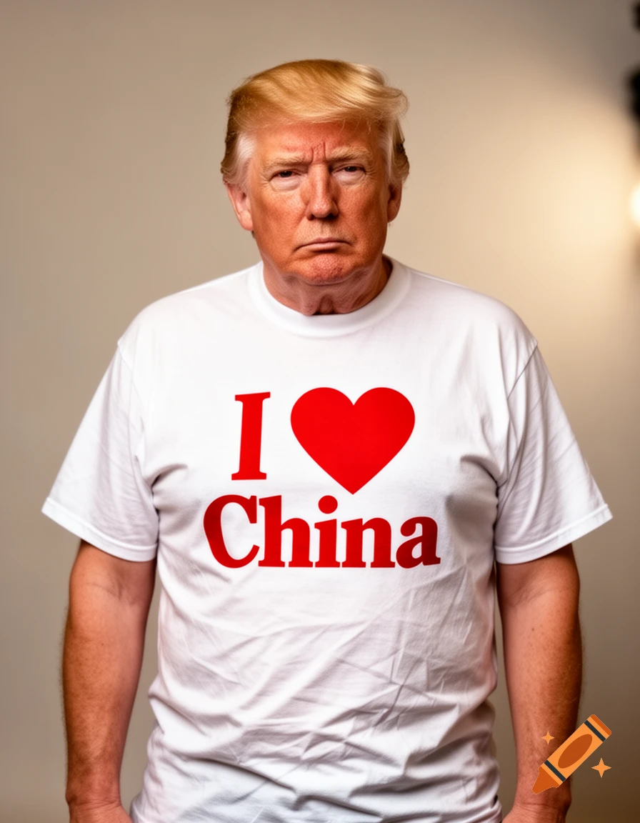 A photorealistic portrait of Donald Trump wearing a white T-shirt with 'I "heart" China' printed on it.