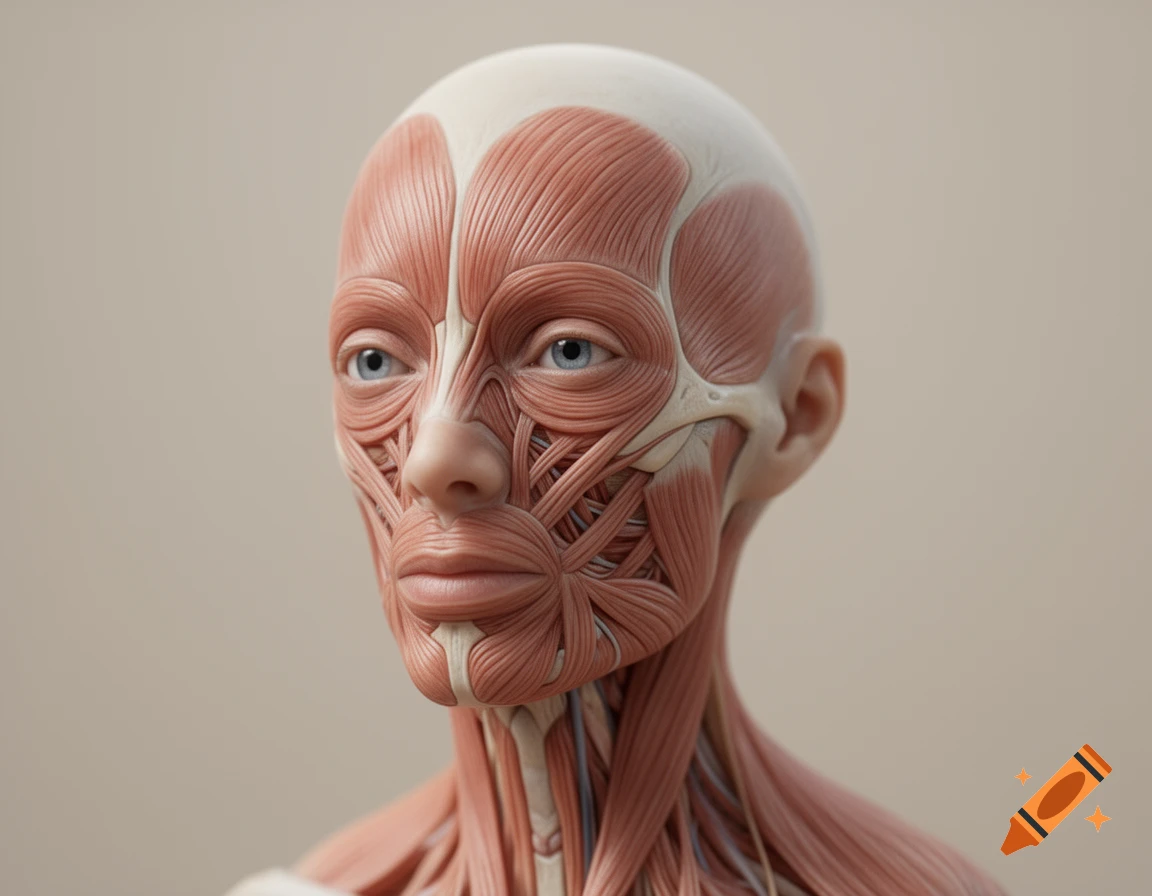 Detailed photorealistic anatomical model of a human head and neck showing muscular structure against a neutral background.