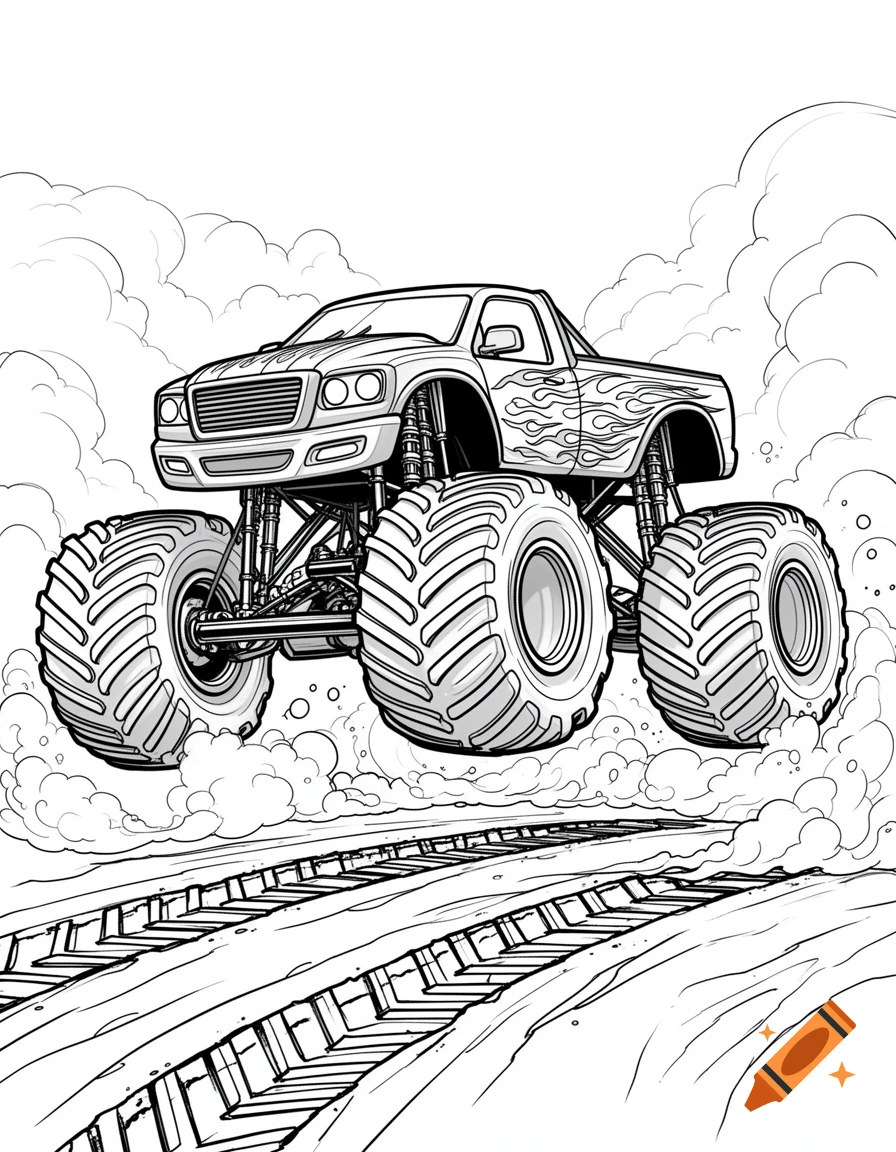 Black and white line art of a monster truck with flame decals jumping over tracks, dust clouds rising.