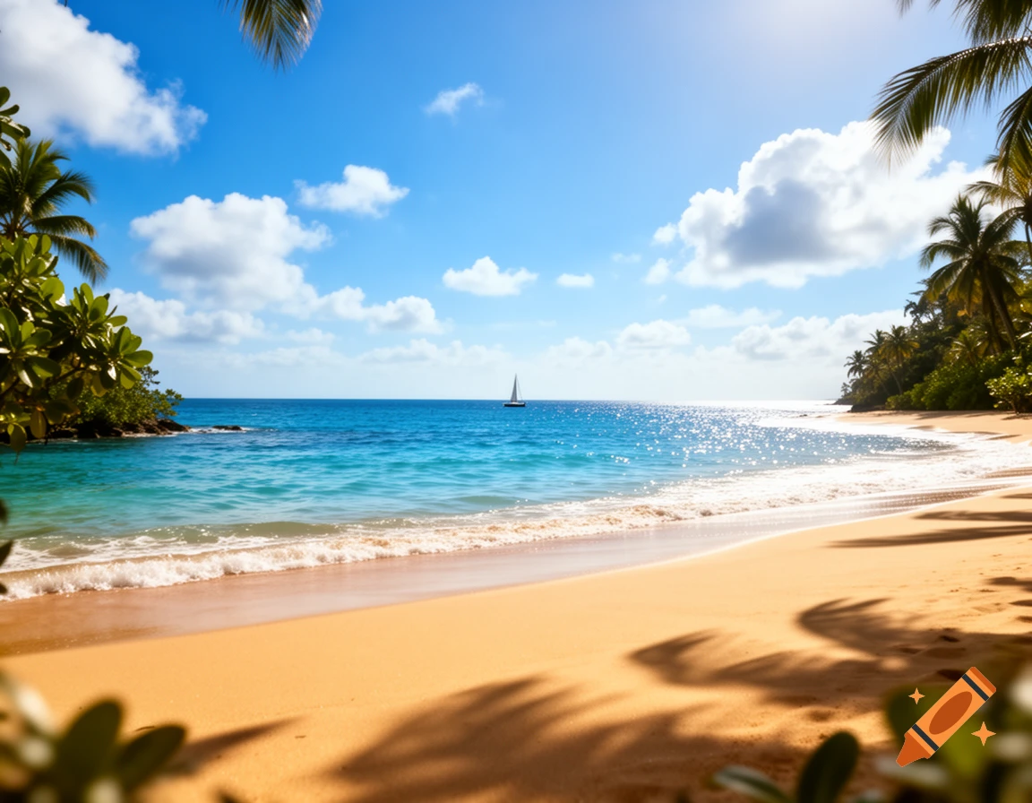 A picturesque tropical beach with golden sand, turquoise ocean, lush palm trees, and a sailboat under a blue sky.