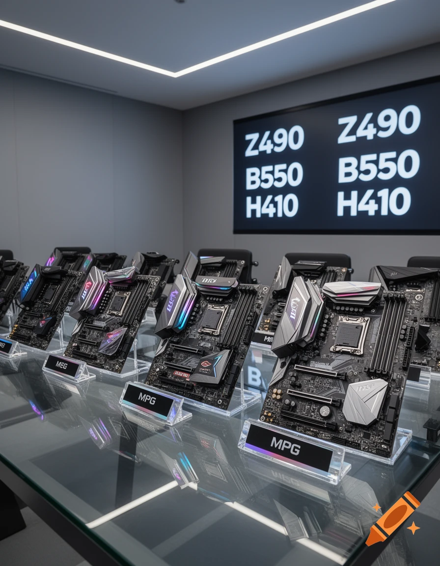 A display of multiple black MSI motherboards with colorful RGB lighting, arranged on clear acrylic stands on a glass table. In the background, a large screen displays white text: Z490, B550, H410.