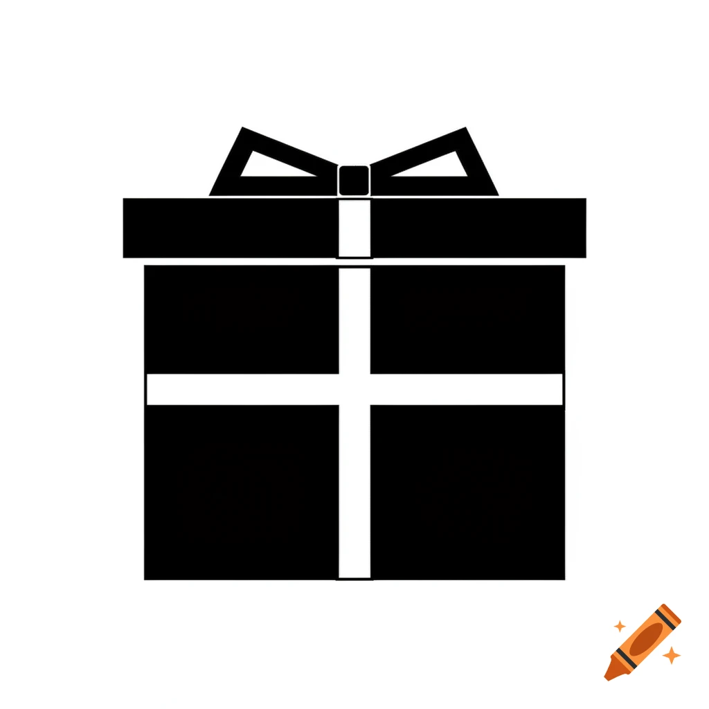 Black and white clipart of a gift box with a bow and cross-shaped ribbon.