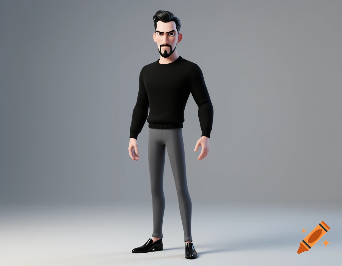 A full-body 3D animated character of a man with a black goatee, black sweater, gray pants, and black shoes, standing.