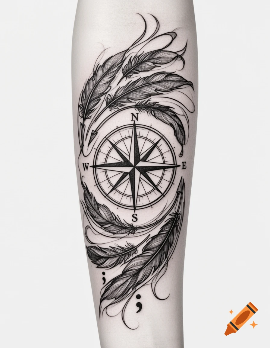 Black and white tattoo of a compass rose surrounded by flowing feathers and two semicolons on a forearm.