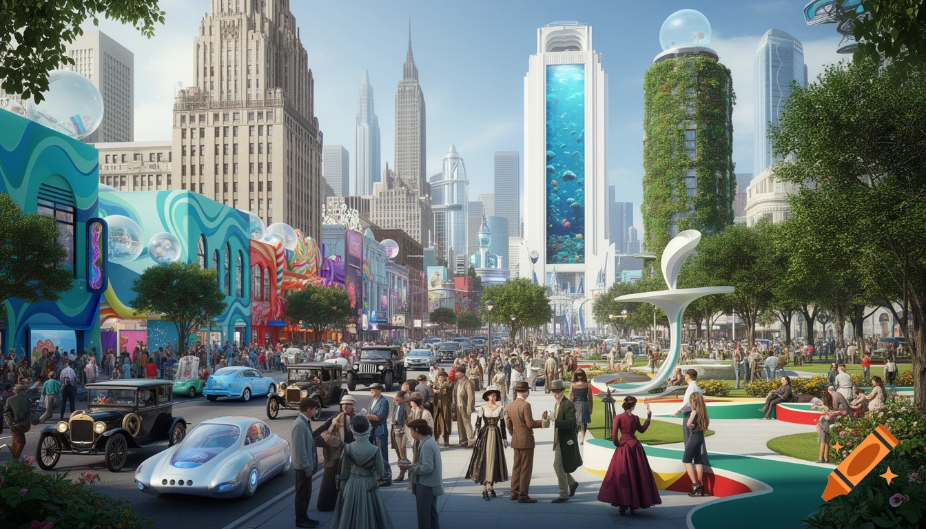 A photorealistic retro-futuristic cityscape bustling with a diverse crowd and vehicles, featuring vibrant, candy-inspired buildings and unique skyscrapers.