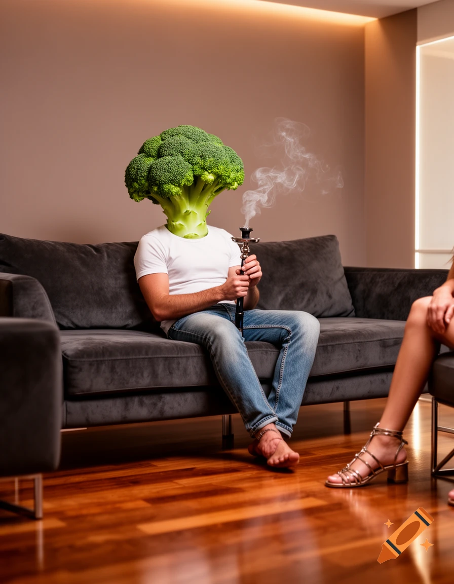 Photorealistic image of a man with a broccoli head smoking a hookah on a sofa, with a woman's feet in the foreground.