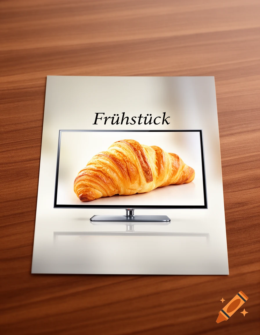 Photorealistic card on a wooden surface with a TV displaying a croissant and the German word 'Frühstück'.