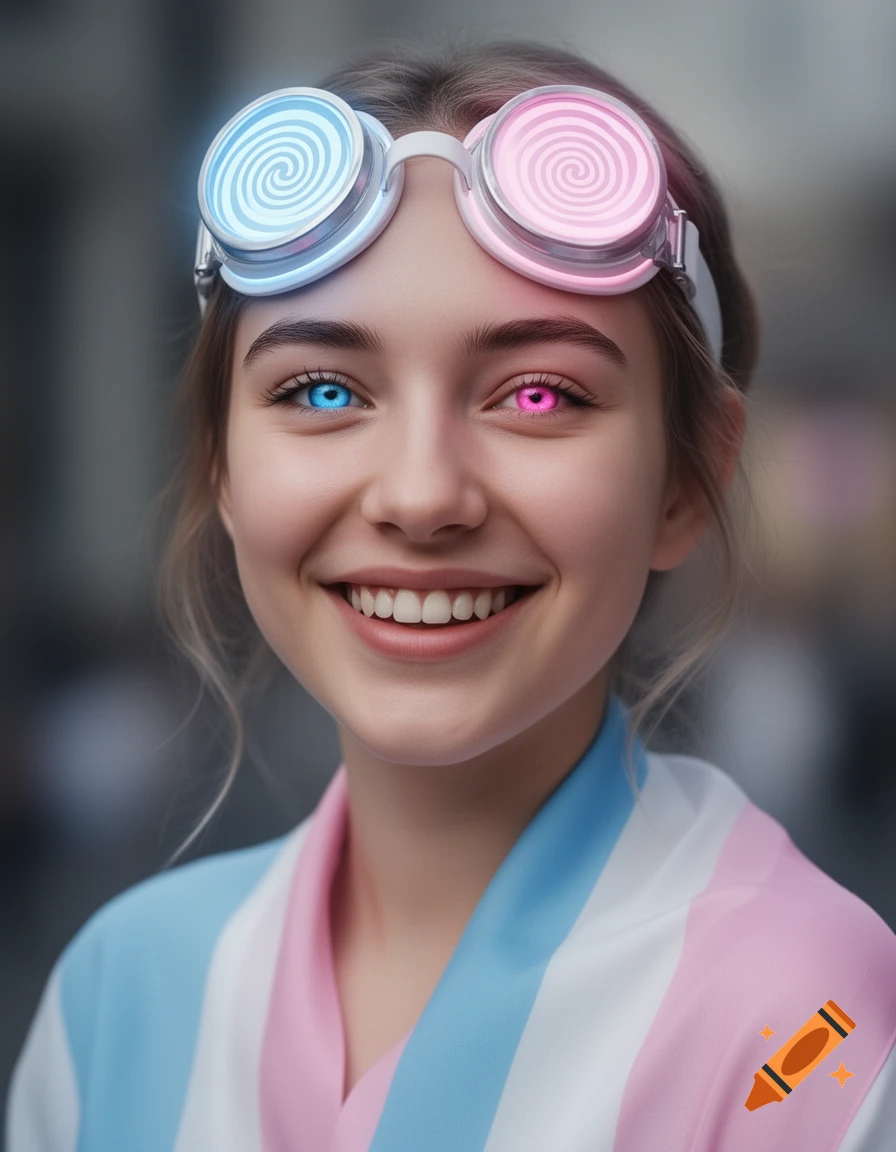 A smiling woman with blue and pink eyes, wearing a trans flag colored outfit and glowing hypnotic goggles.