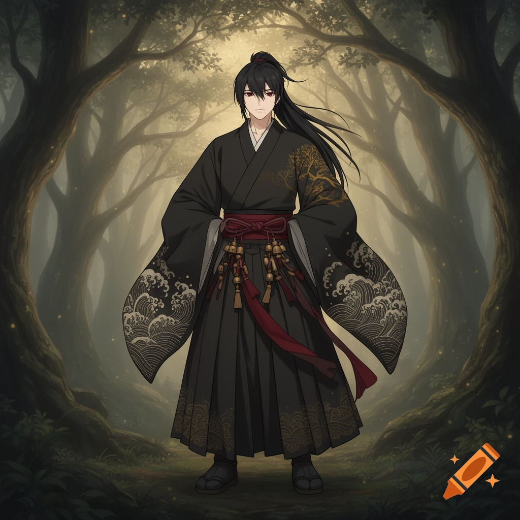 Anime-style man with long black hair, wearing a black kimono with gold and wave patterns, stands in a mystical forest.