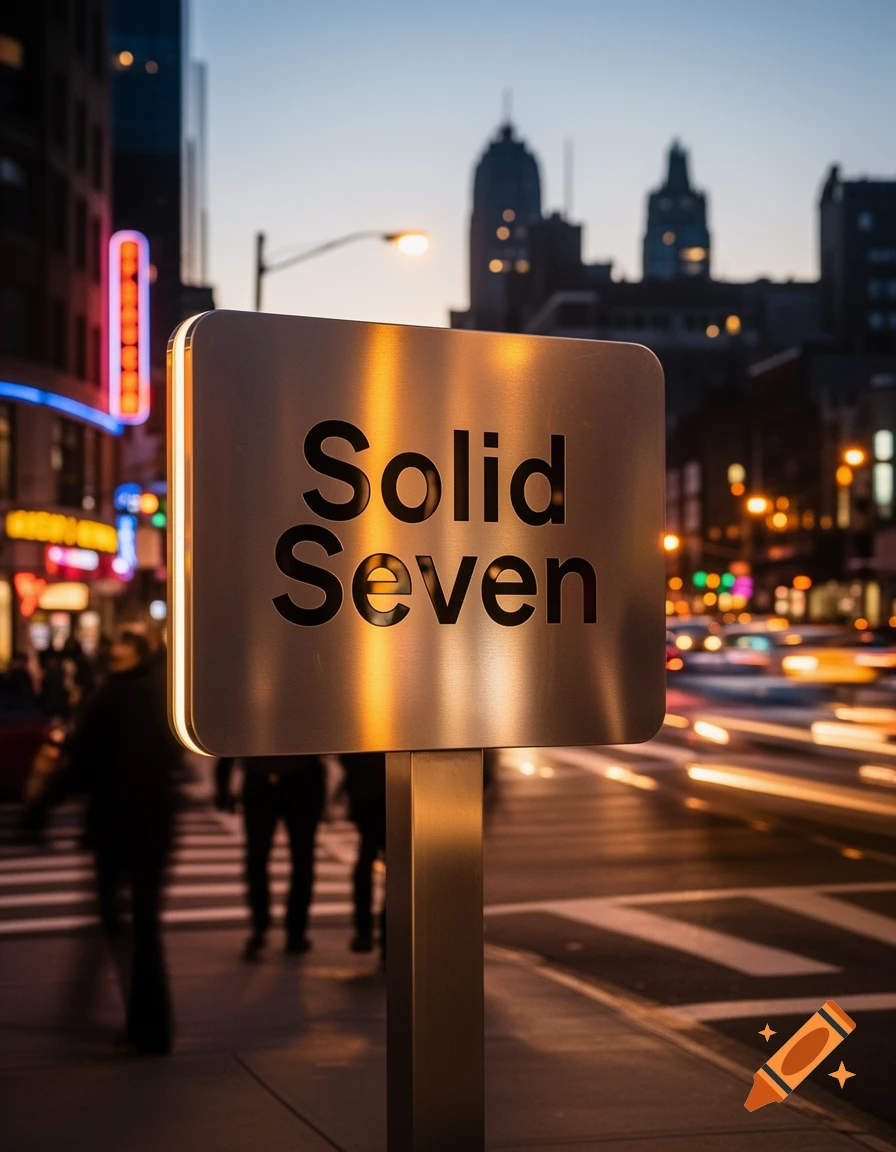 A bronze sign reading 'Solid Seven' stands on a busy city street at dusk. Blurred car lights and city buildings are in the background.