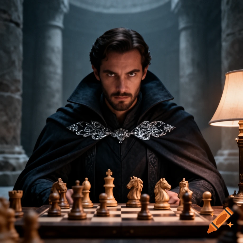 A dark-haired man with a beard and intense eyes, wearing a black cape with a silver clasp, sits at a chessboard in a mysterious, dimly lit chamber.