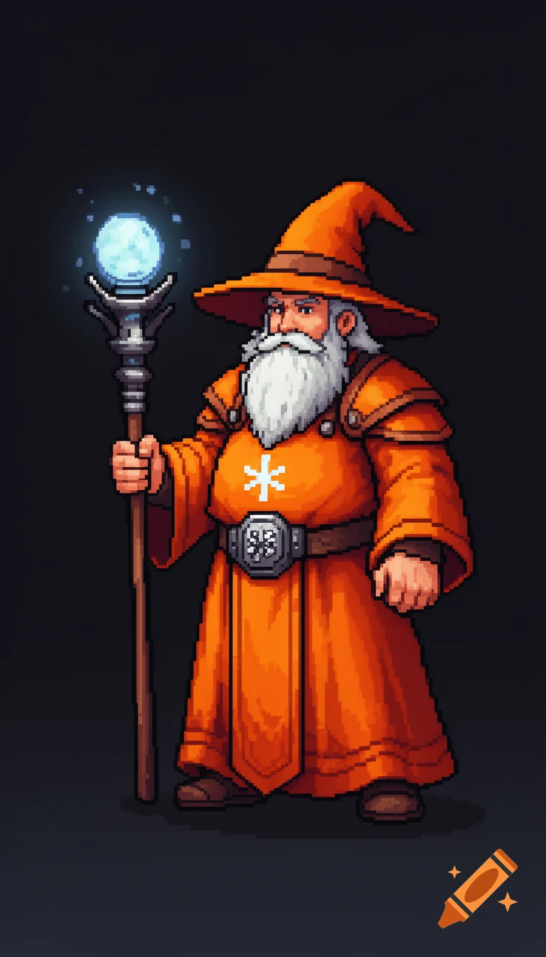 Pixel art wizard in orange robes, white beard, holding a glowing magic staff.