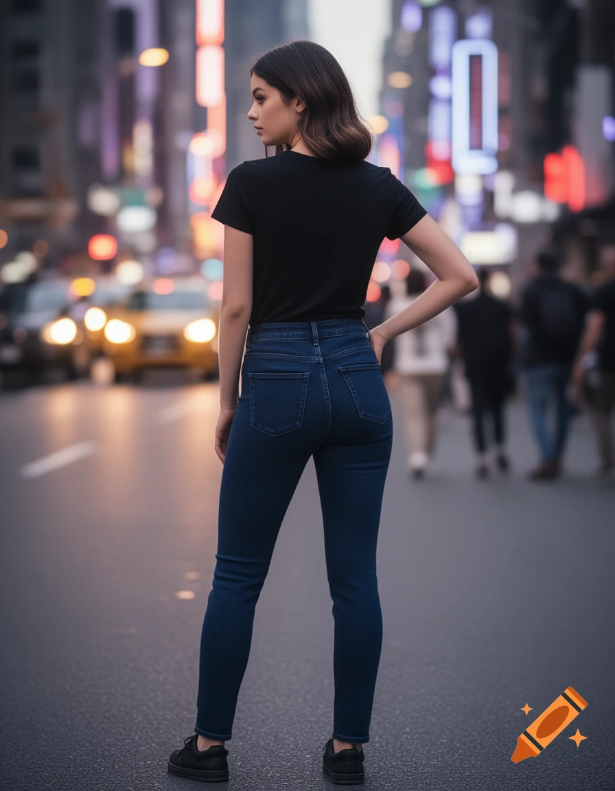 A young woman with dark hair stands on a city street at dusk, viewed from behind. She wears a black t-shirt, dark blue jeans, and black sneakers, looking over her left shoulder. Blurry city lights illuminate the background.