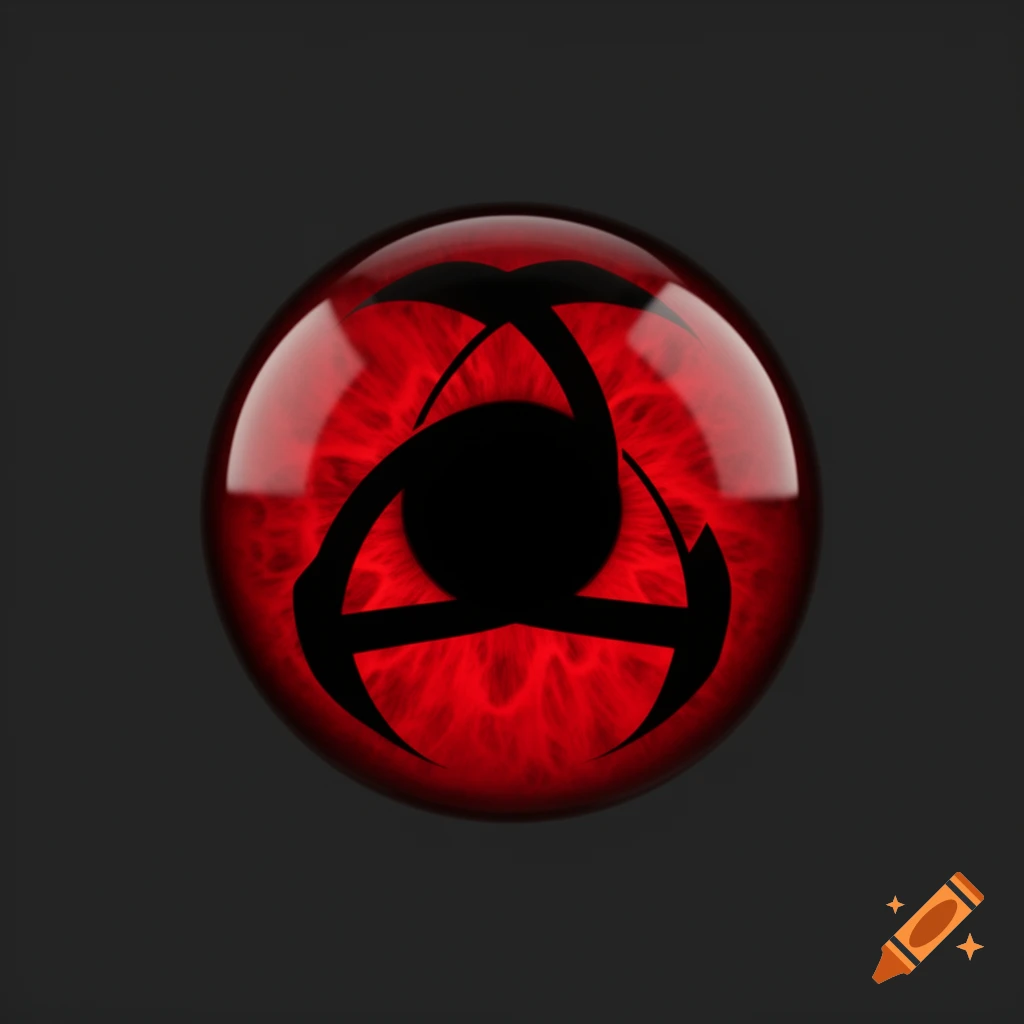 A detailed, glossy red Sharingan eye with a black three-point tomoe symbol, set against a dark background.