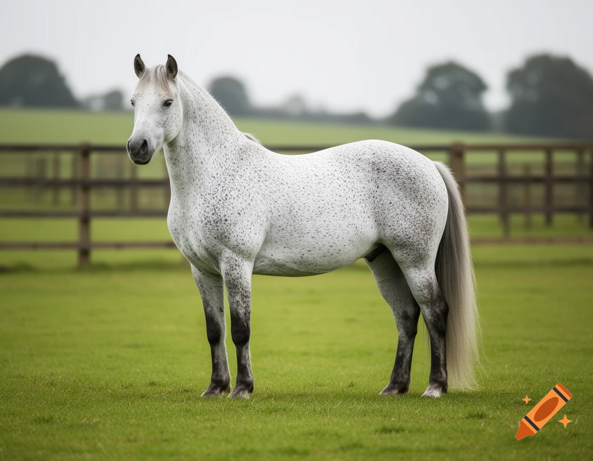 A dapple grey horse stands in a green field with a wooden fence and trees in the background.
