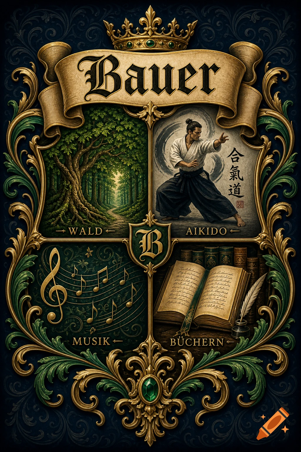 An ornate family crest for 'Bauer' with a golden crown, featuring four panels: a forest, a man doing Aikido, music notes, and open books with illegible text.