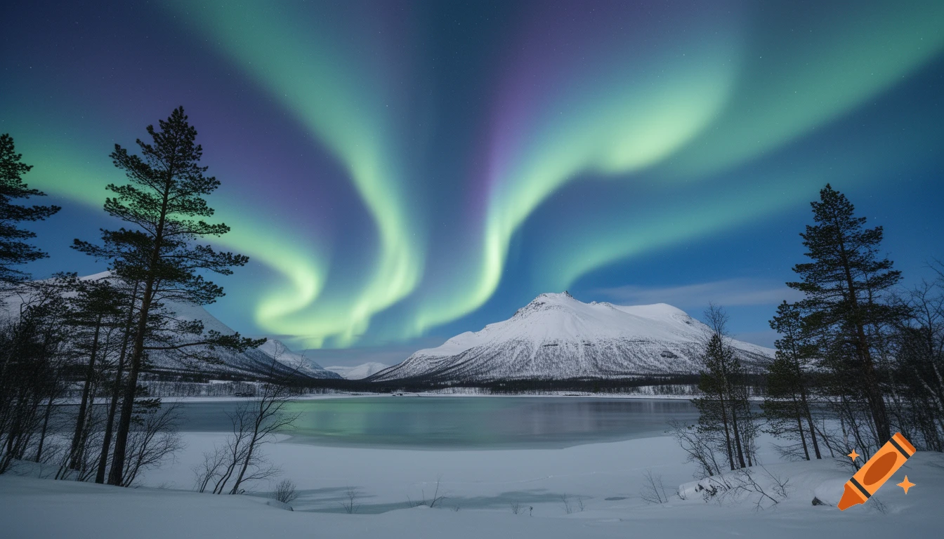 A serene winter landscape under a vibrant green and purple aurora borealis, with snow-covered mountains, a partially frozen lake, and tall pine trees.