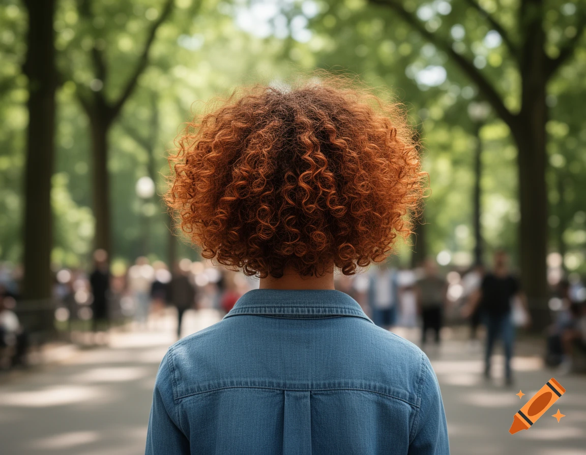 A person with vibrant red curly hair, seen from behind, walks through a sunlit park with blurred trees and people.