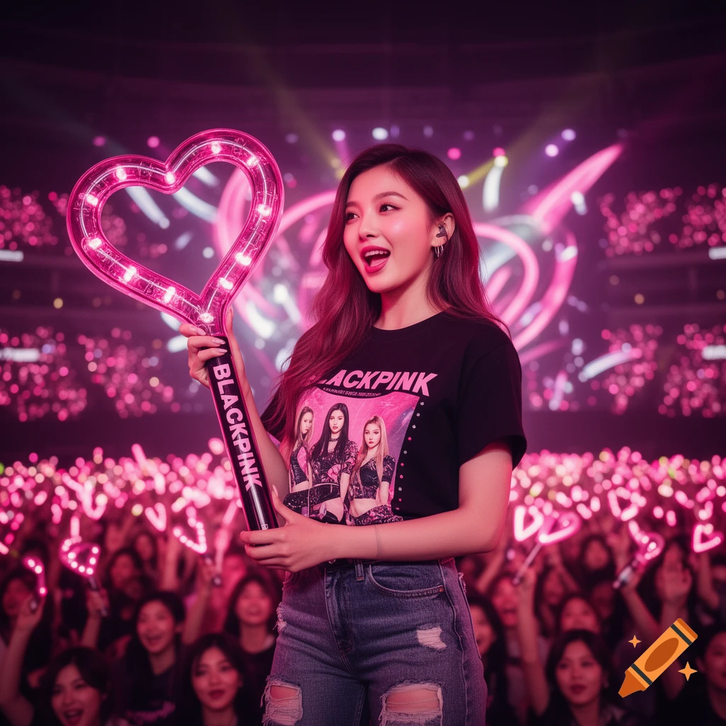 A woman at a concert holding a pink heart-shaped lightstick, wearing a Blackpink t-shirt and ripped jeans, smiling as a crowd with glowing lightsticks is in the background.