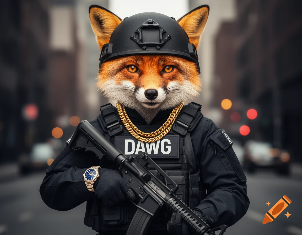 A photorealistic anthropomorphic fox in tactical gear, wearing two gold chains, a Rolex watch, and holding a rifle, standing on a street.