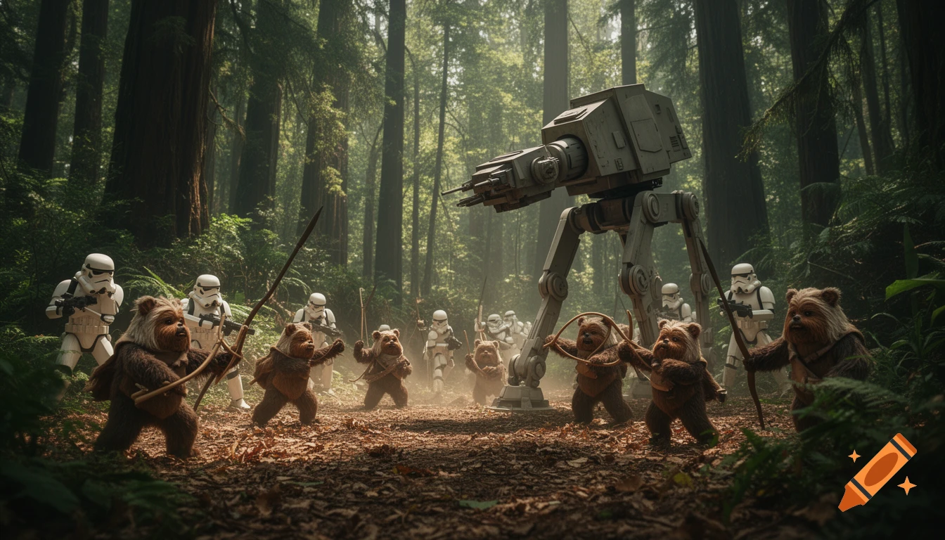 Photorealistic scene of Ewoks with spears confronting Stormtroopers and an AT-ST in a lush forest.
