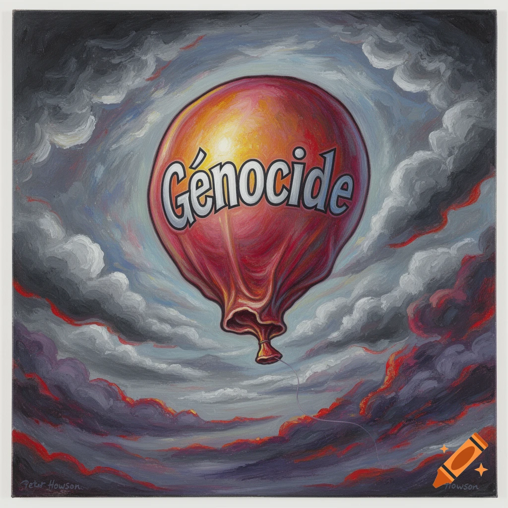 A dark, moody painting depicts a deflating red balloon labeled "Génocide" floating away against a cloudy, ominous sky with hints of red.