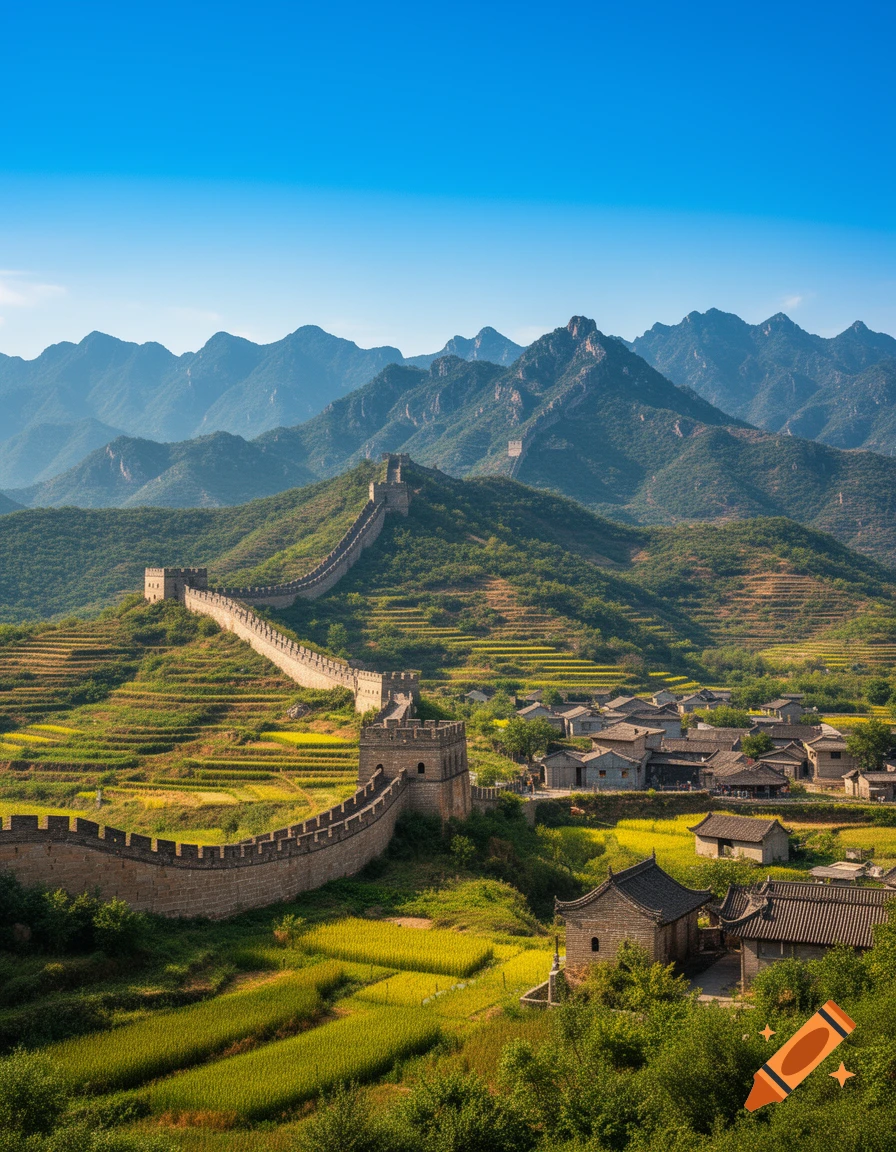 The Great Wall of China snakes across lush green mountains, terraced fields, and a small village under a clear blue sky.