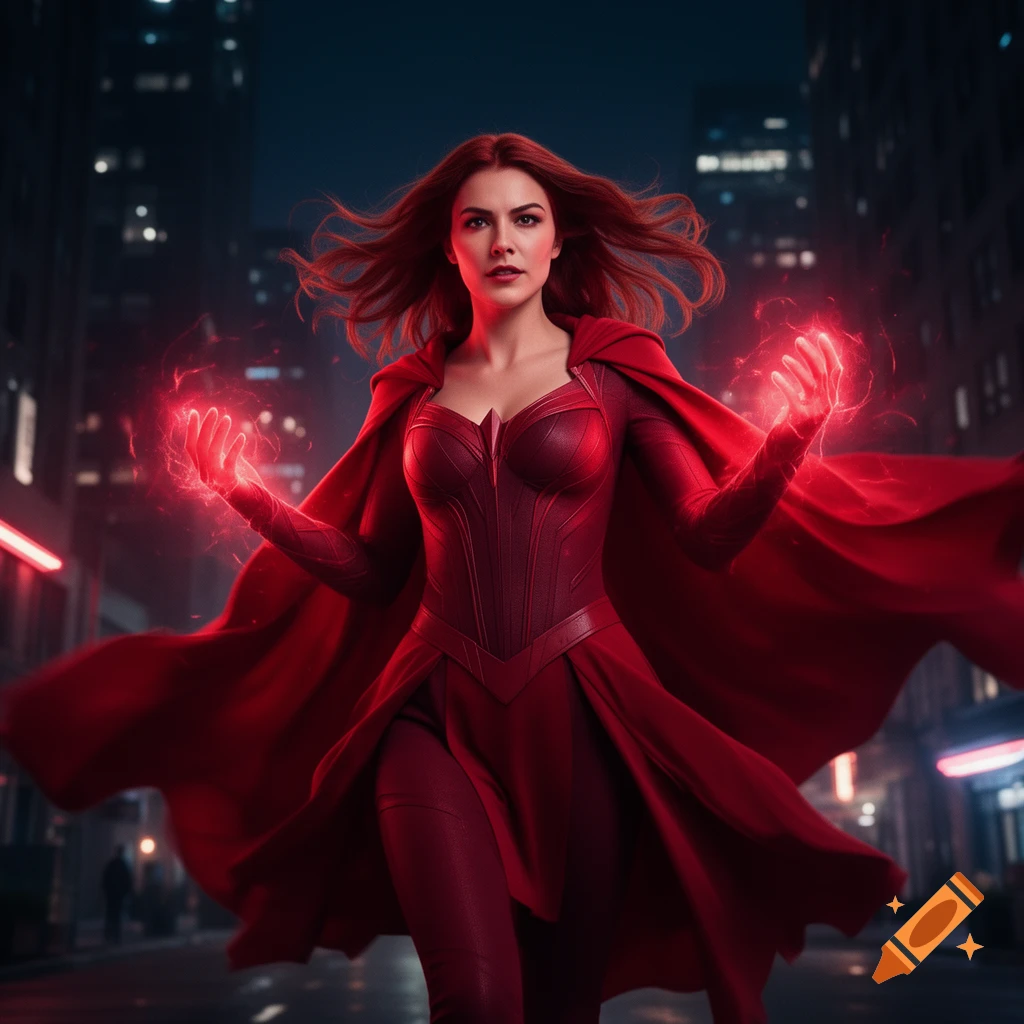 Photorealistic image of Scarlet Witch in a red costume and cape, hands glowing with red energy, on a city street at night.