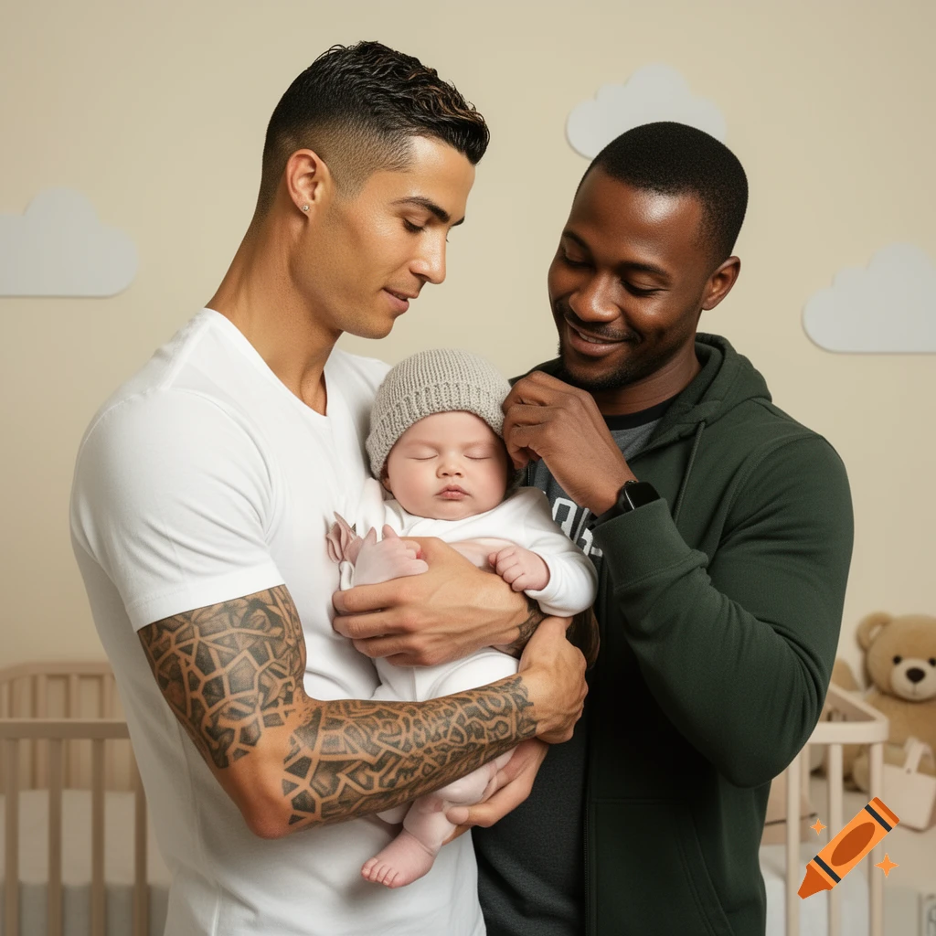 A light-skinned man with tattoos gently holds a sleeping baby, while a dark-skinned man smiles at them in a cozy nursery.