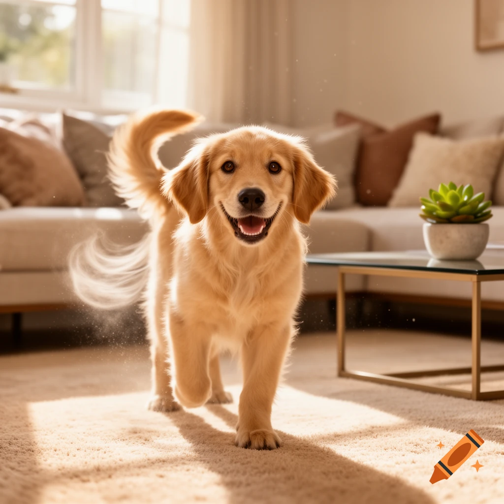 Happy golden retriever puppy running on a rug in a bright living room, tail wagging.