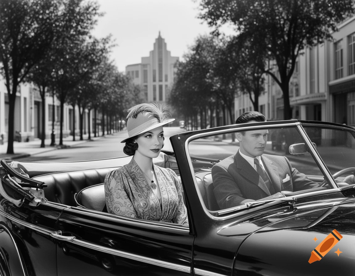 Black and white photo of a man and woman in 1940s attire driving a vintage convertible on a tree-lined avenue.